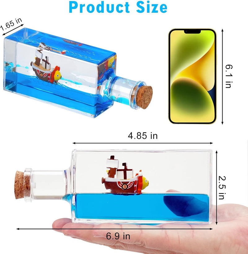 YimiBloss Unsinkable Thousand Sunny Anime Pirate Ship in A Bottle, Floating Ocean Desk Decor, Anime Themed Liquid Motion Decoration, Unique Gift for Fans and Office Home Desk Ornament - Image 3